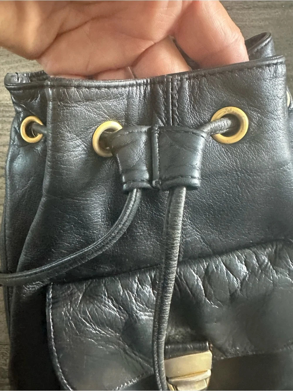 Morgan Taylor Black‎ Leather Drawstring Backpack with Gold Accents